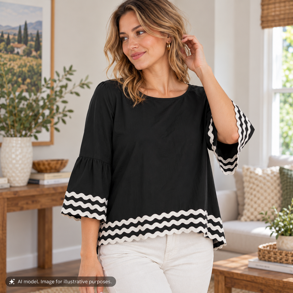 Talbots Shirt Womens Large Petite Black White Ribbon Bell Sleeve Cotton Tunic
